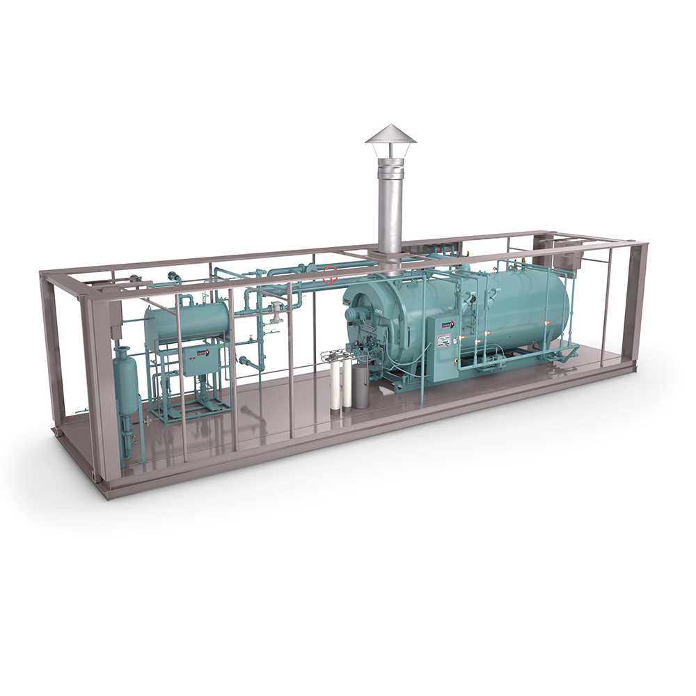 Right Side view of a Custom Skid-Mounted Boiler Solutions Container with Firetube Boiler